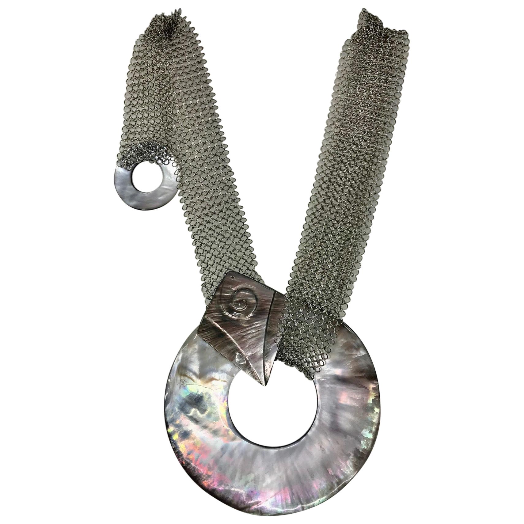 SYLVIA GOTTWALD, Black Mother of Pearl , Necklace /Belt on Stainless Steel Mesh. For Sale