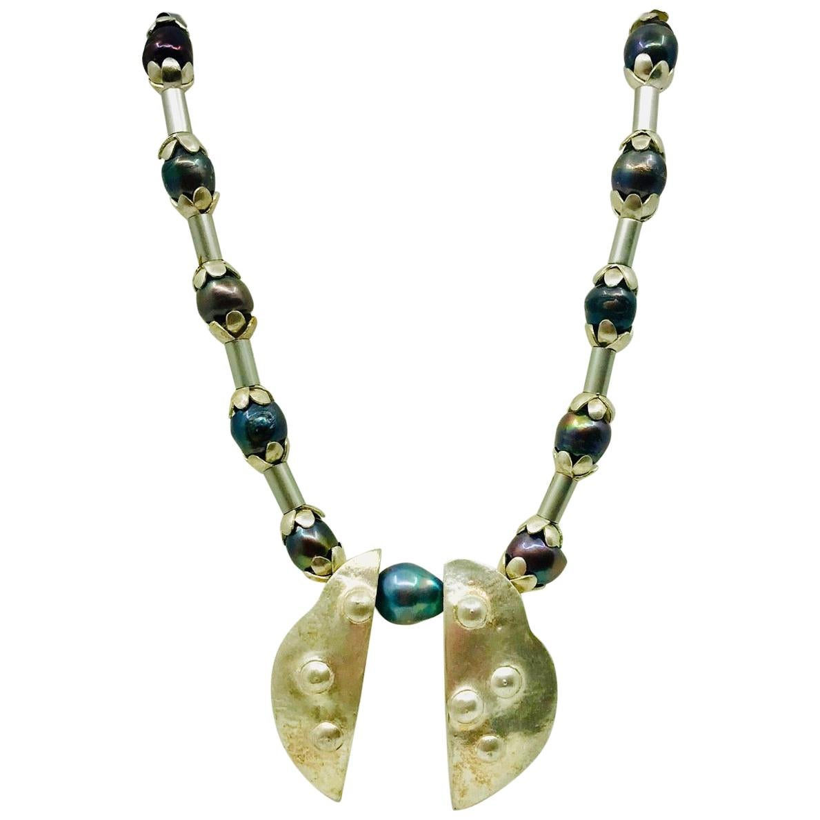 SYLVIA GOTTWALD, Black pearls with Silver spacers, Chocker Necklace For Sale