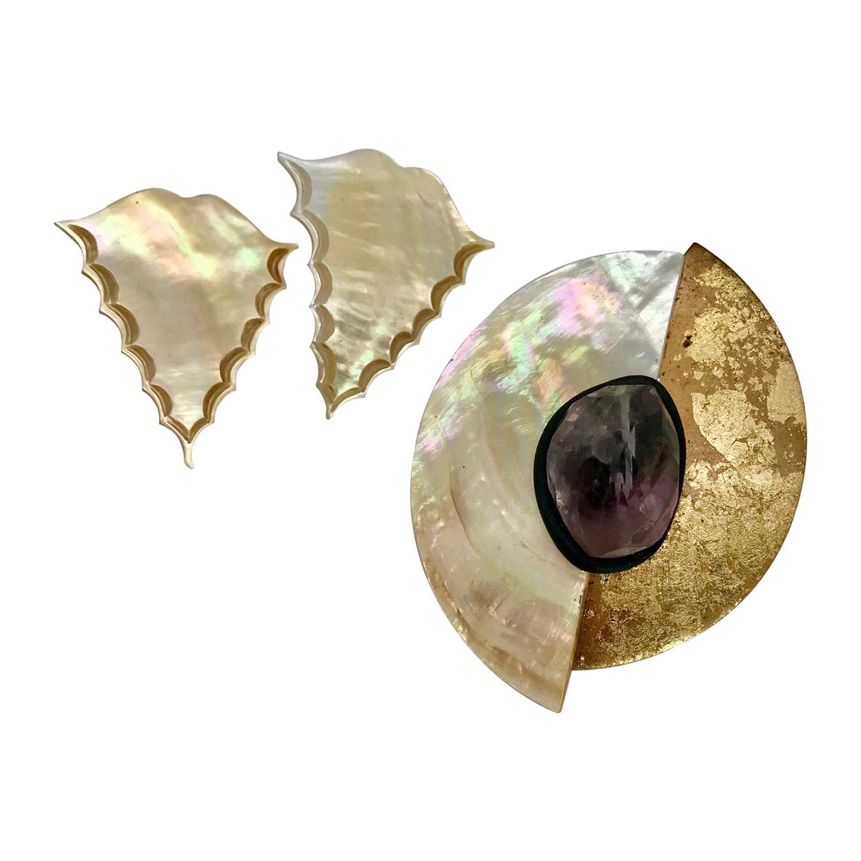 Sylvia Gottwald, Brooch white/gold Mother of Pearl , Amethist with large  Earring For Sale