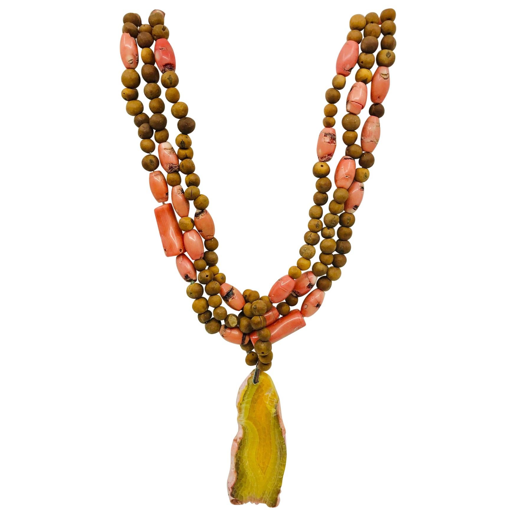 Sylvia Gottwald, Coral, salmon color and wooden beads multi strand , Necklace. For Sale
