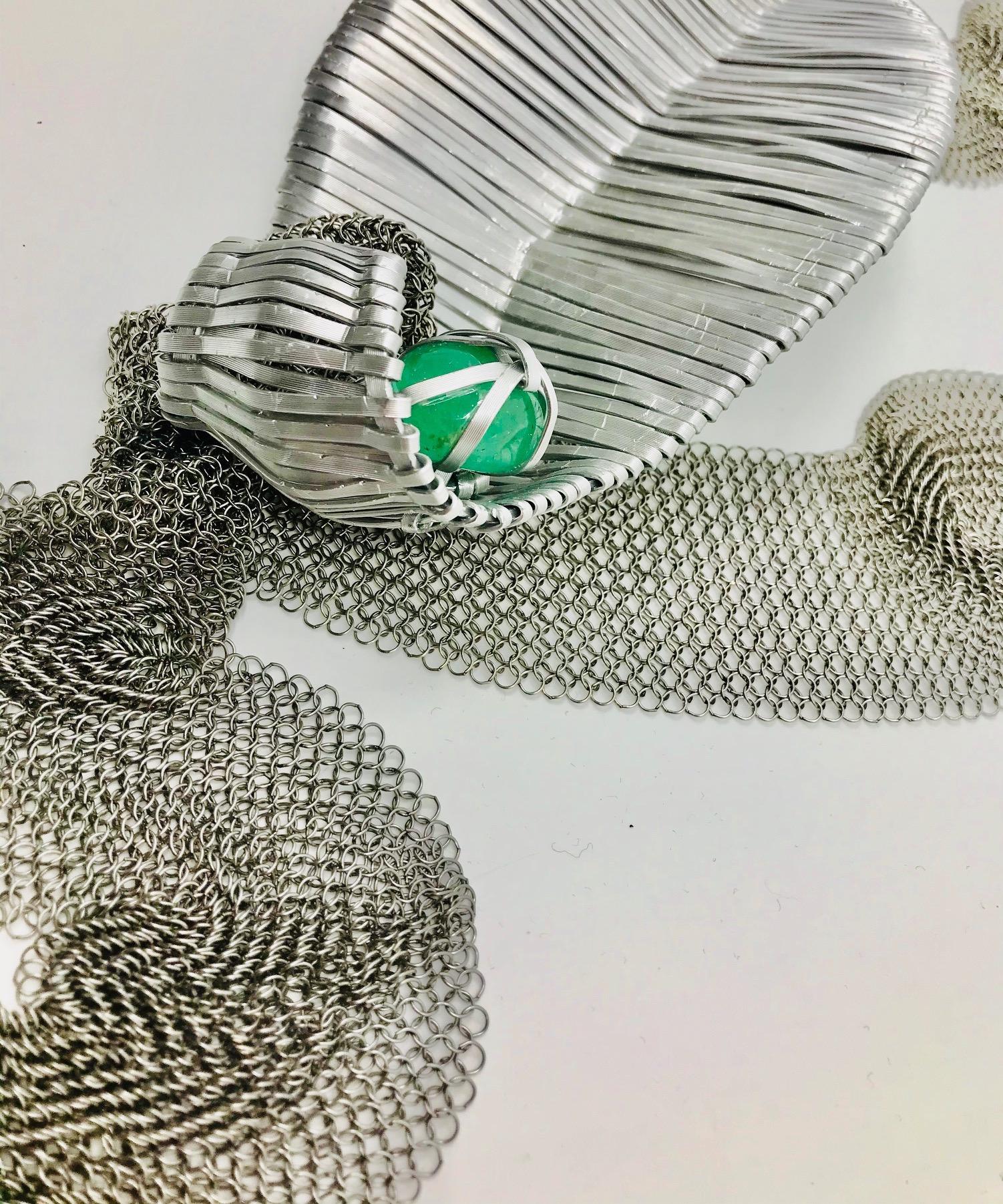 Women's or Men's Sylvia Gottwald, Emerald Pendant on Stainless Steel mesh. For Sale