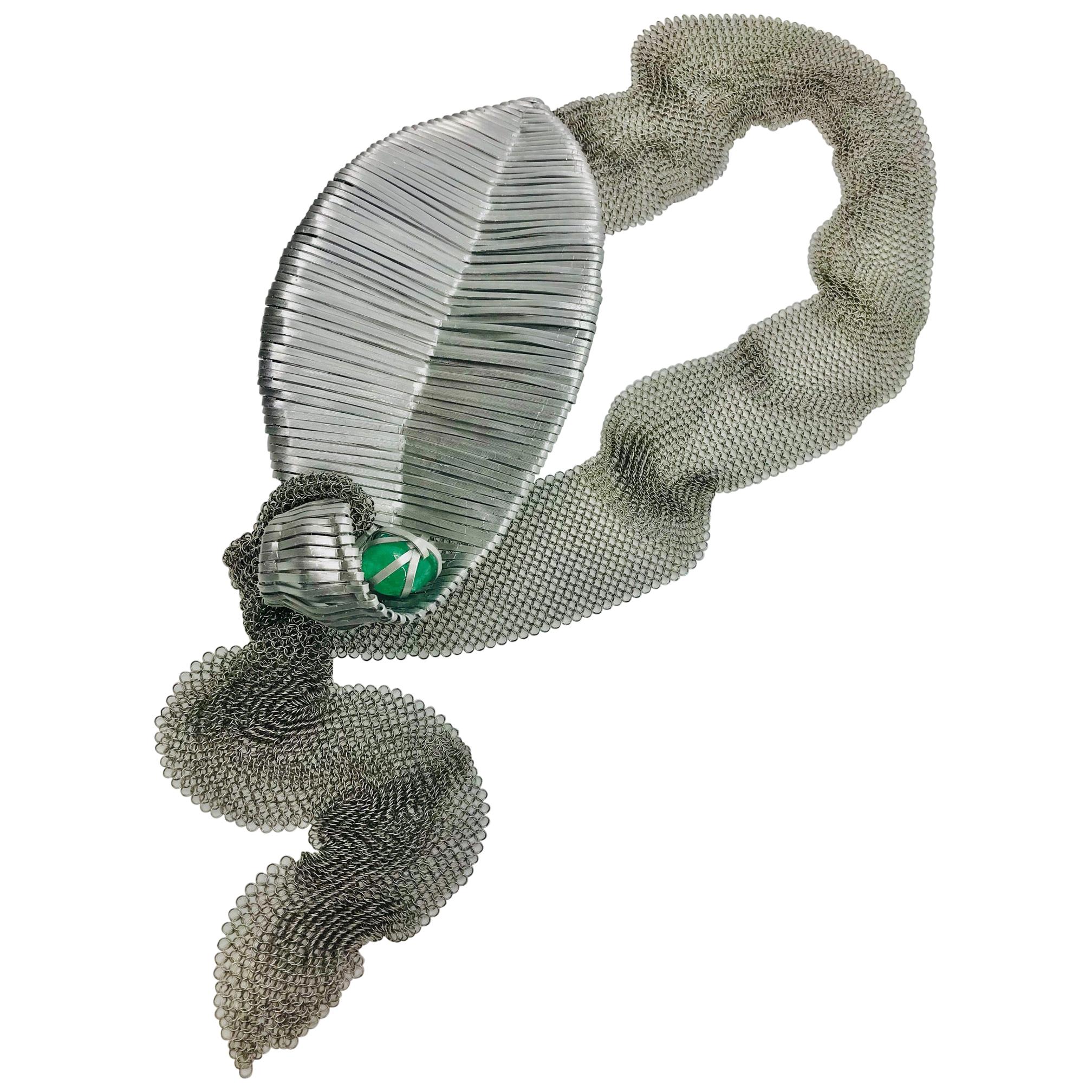 Sylvia Gottwald, Emerald Pendant on Stainless Steel mesh. For Sale