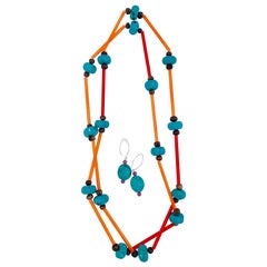 Sylvia Gottwald, extra long necklace :turquoise beads , acrylic spacers, earrings