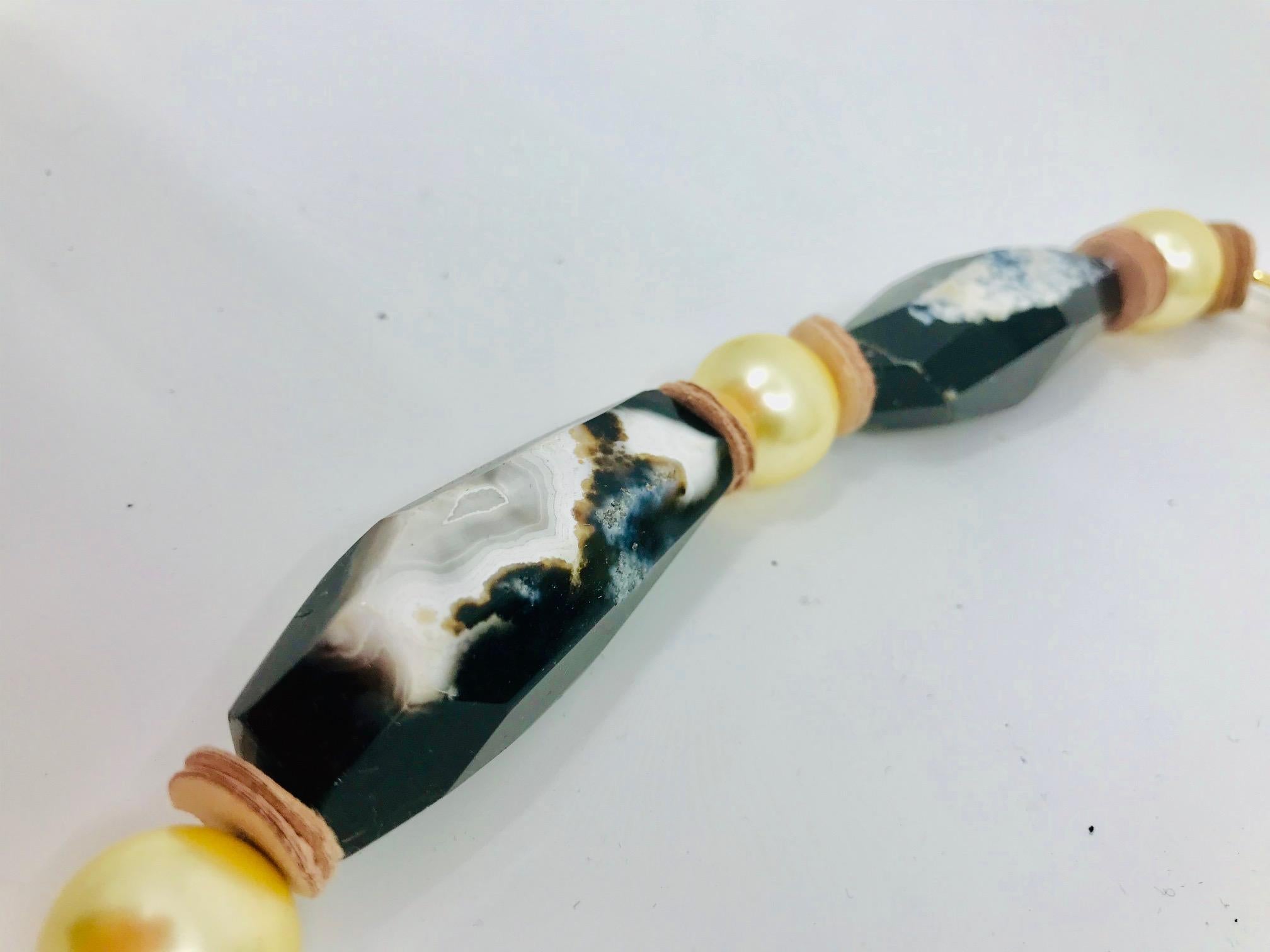 Baguette Cut Sylvia Gottwald, Gold large Pearls (faux) and rare black /white Agate  beads. For Sale
