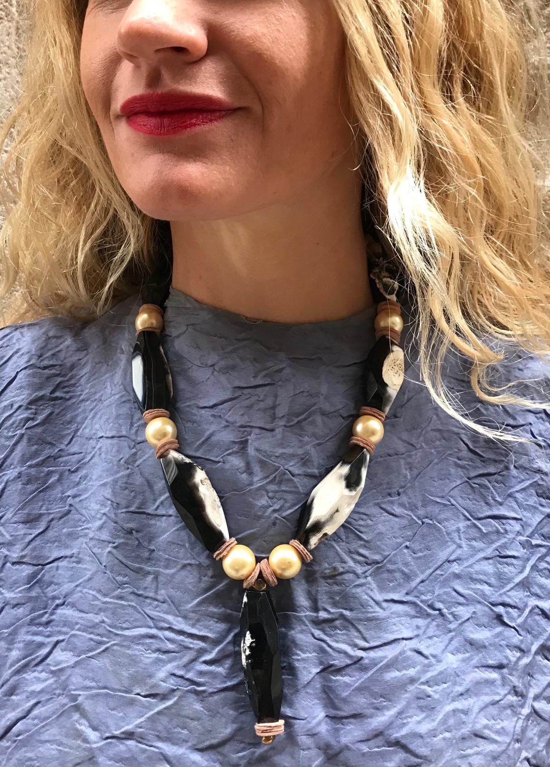 Sylvia Gottwald, Gold large Pearls (faux) and rare black /white Agate  beads. In New Condition For Sale In Washington DC, DC