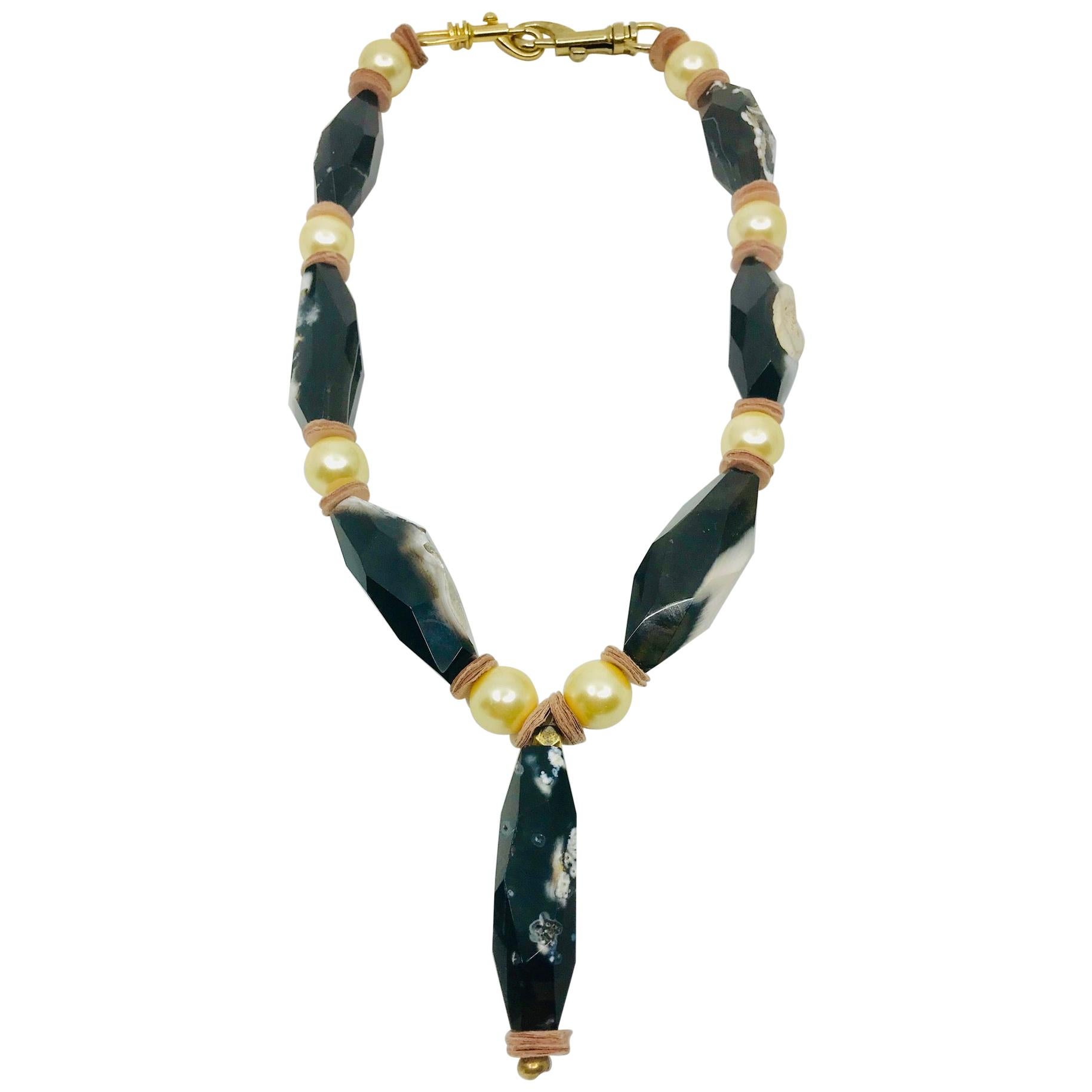 Sylvia Gottwald, Gold large Pearls (faux) and rare black /white Agate  beads. For Sale