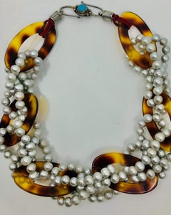 SYLVIA GOTTWALD, Grey Pearl and Tortoise like Resin Necklace.
