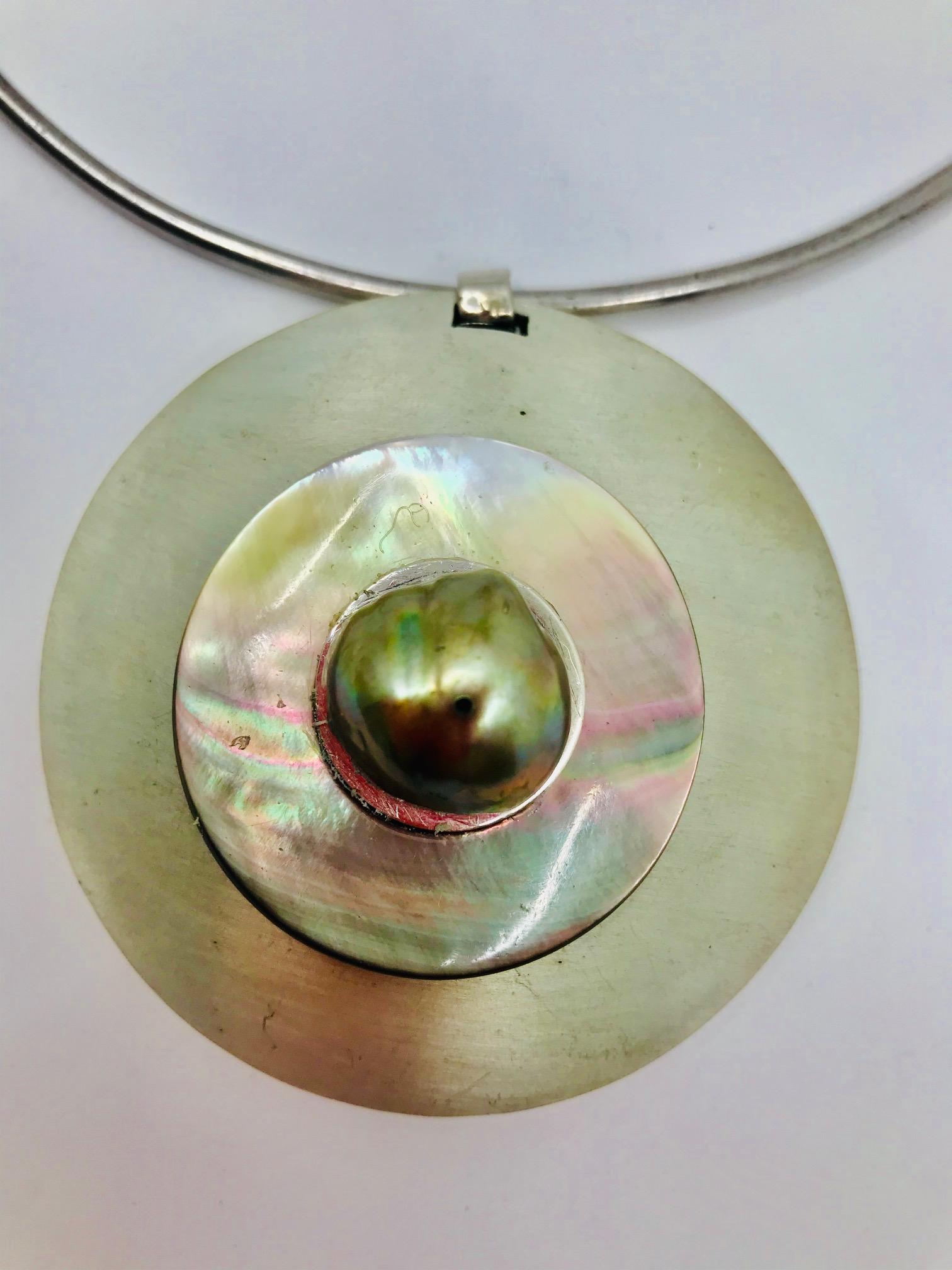 Bead SYLVIA GOTTWALD, Large Pearl on a Silver Pendant and Silver Chocker For Sale
