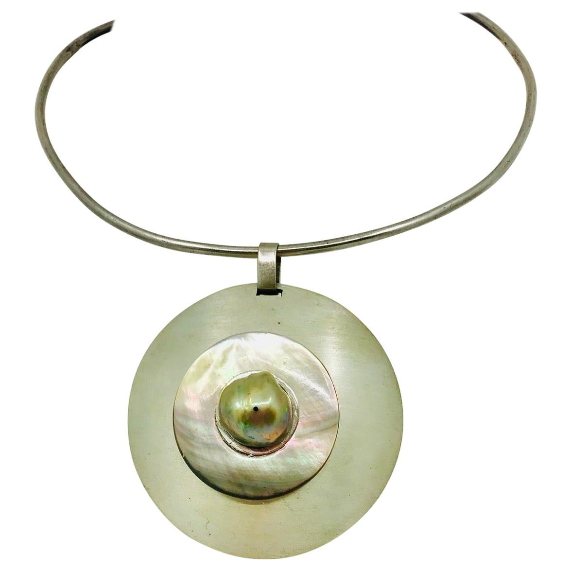 SYLVIA GOTTWALD, Large Pearl on a Silver Pendant and Silver Chocker For Sale
