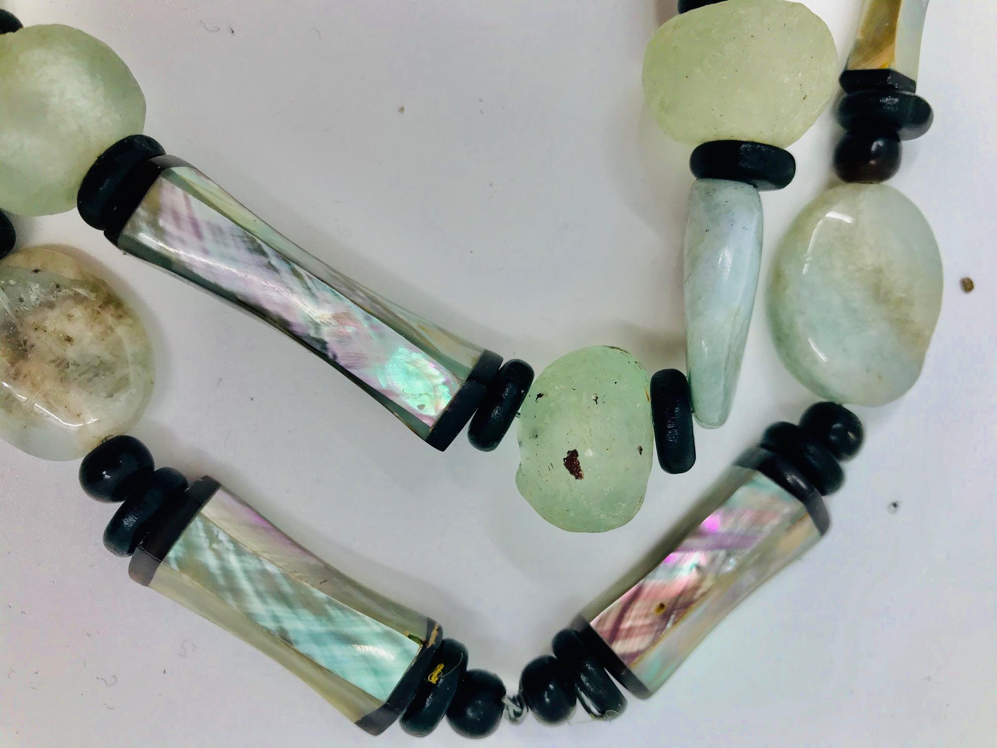 Art Deco Sylvia Gottwald, Long Haliotis /Abalone and Glass beads Statement Necklace For Sale