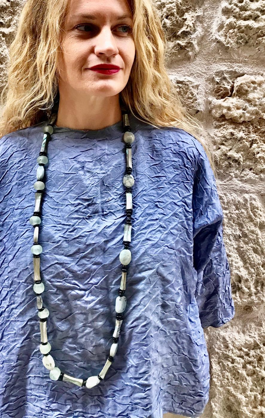 Bead Sylvia Gottwald, Long Haliotis /Abalone and Glass beads Statement Necklace For Sale