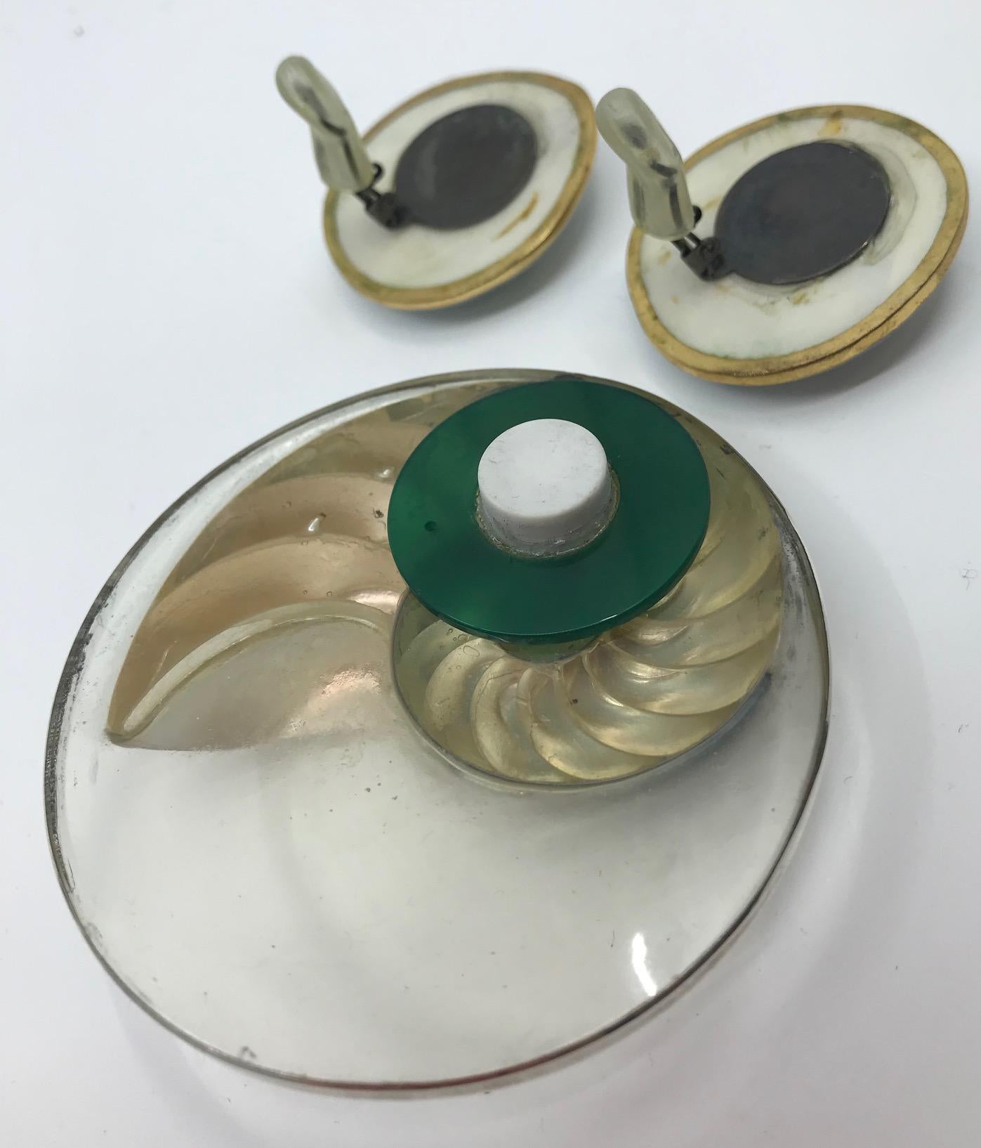 Women's or Men's Sylvia Gottwald, Nautilus Brooch and Earrings.