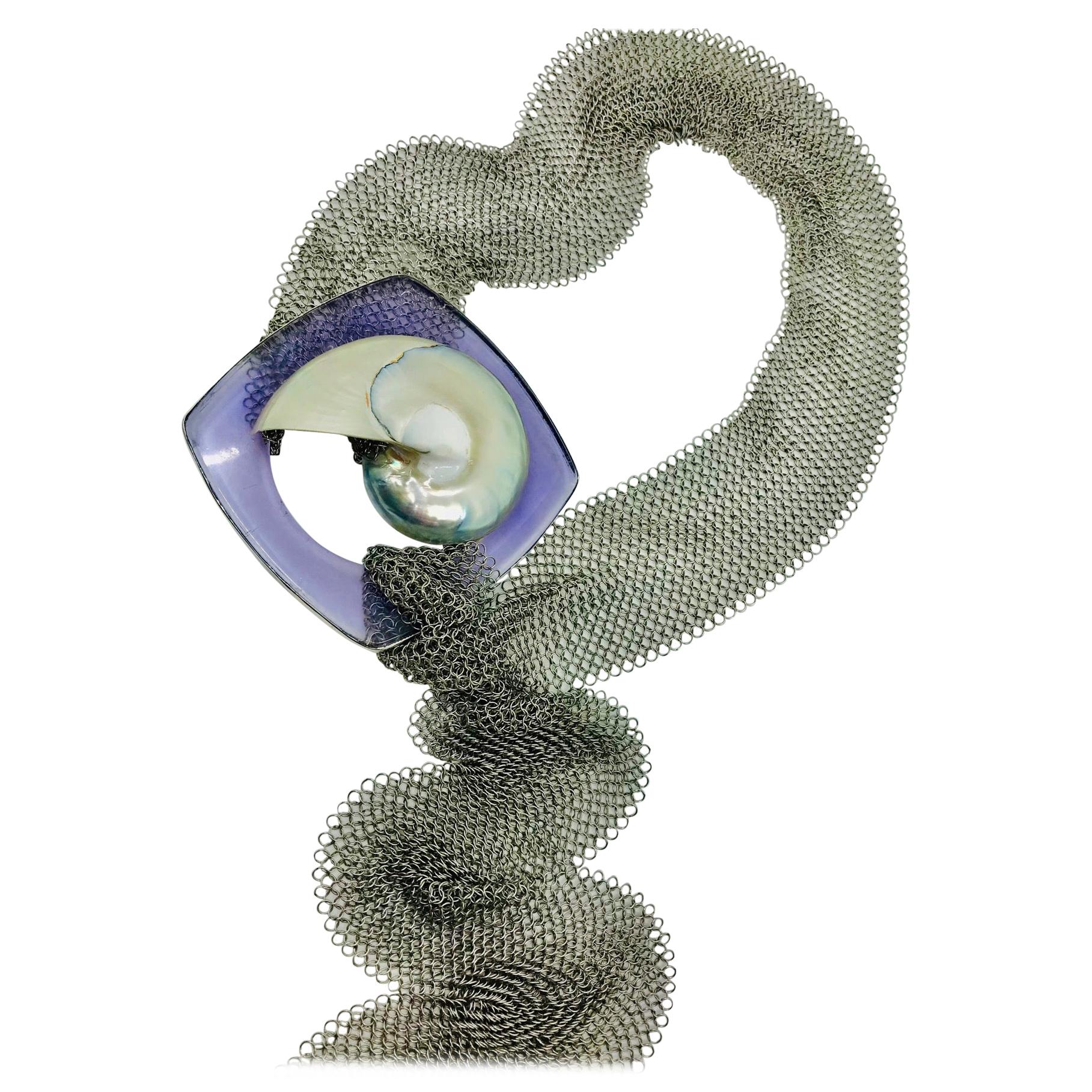 SYLVIA Gottwald,  Nautilus Pendant on Stainless Steel mesh , Necklace/Belt For Sale