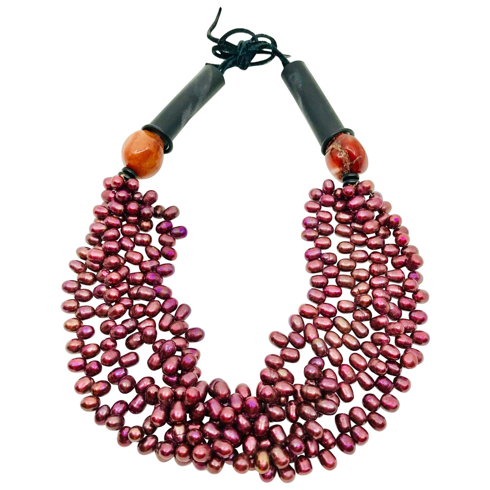 Sylvia Gottwald, Pearls, 4 strand , burgundy color with Carnelian beads Necklace For Sale