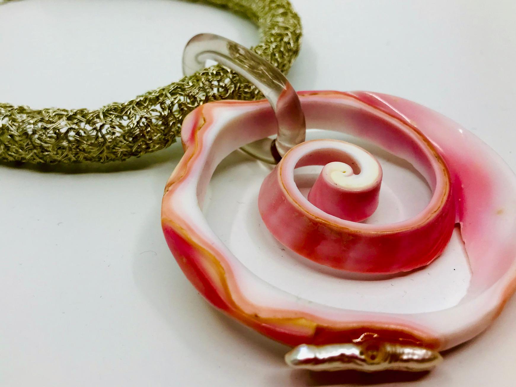 Bead Sylvia Gottwald, Pink Conch Pendant on Silver Chocker Necklace. For Sale
