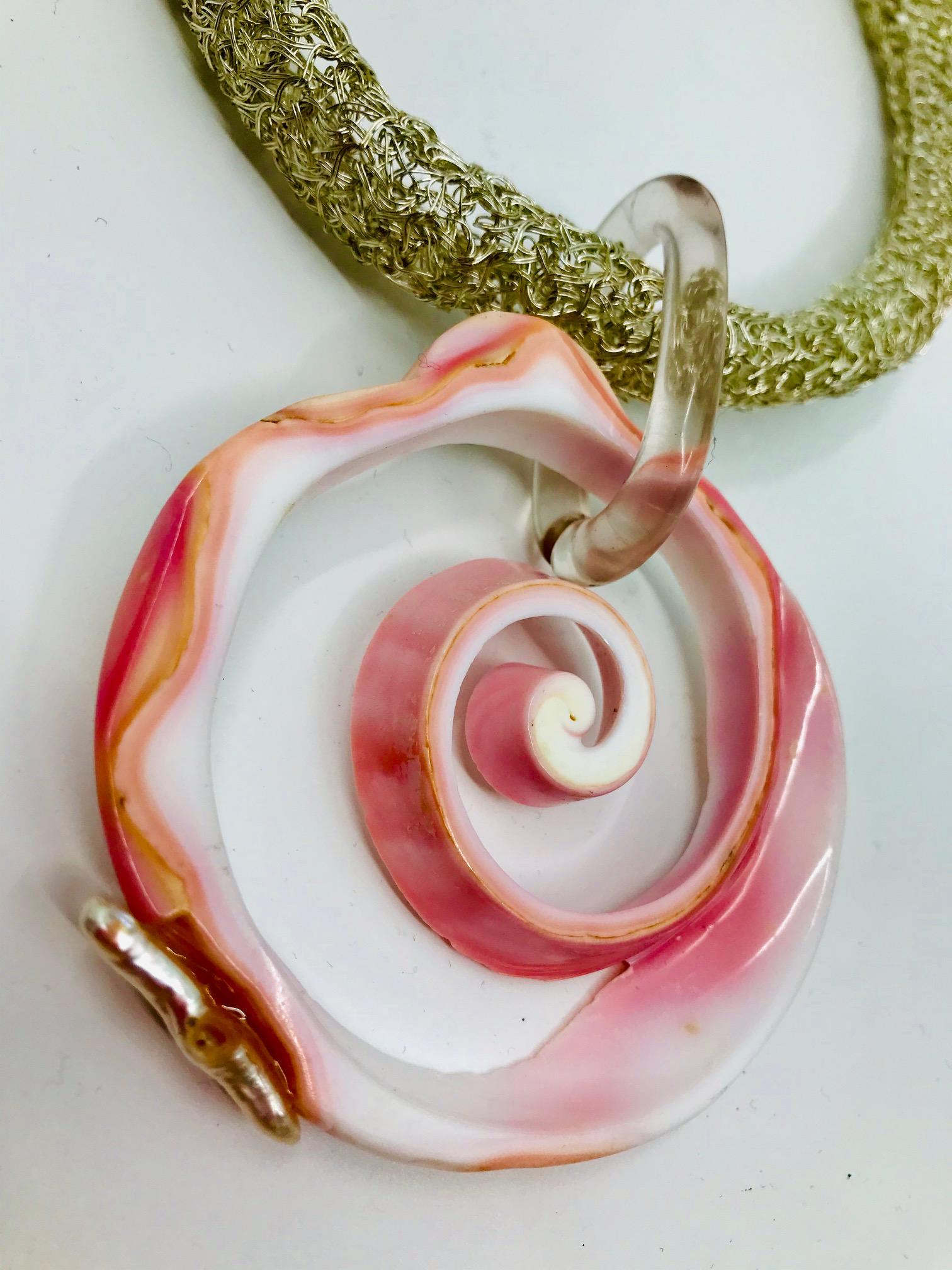 Sylvia Gottwald, Pink Conch Pendant on Silver Chocker Necklace. In New Condition For Sale In Washington DC, DC