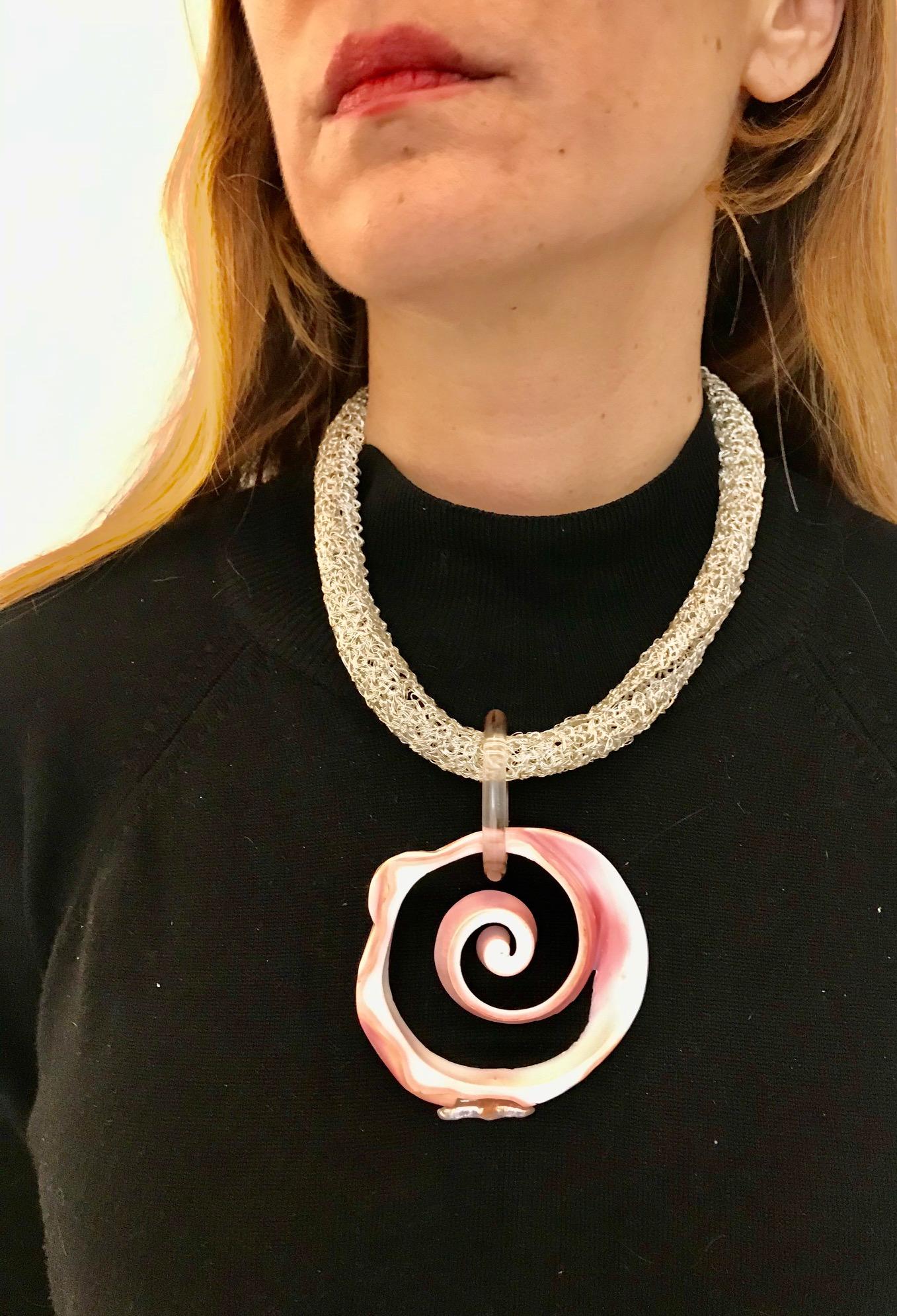Women's Sylvia Gottwald, Pink Conch Pendant on Silver Chocker Necklace. For Sale