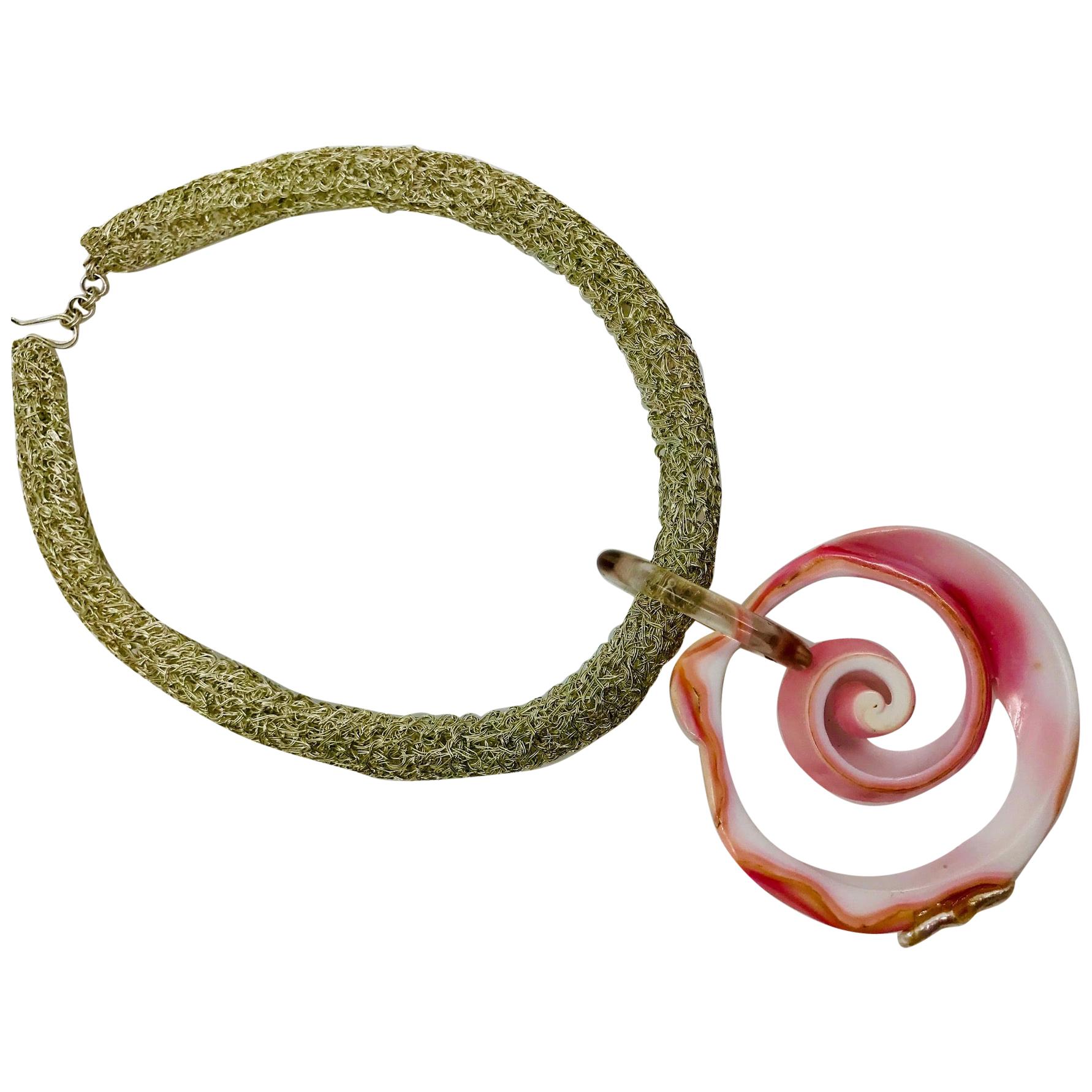 Sylvia Gottwald, Pink Conch Pendant on Silver Chocker Necklace. For Sale