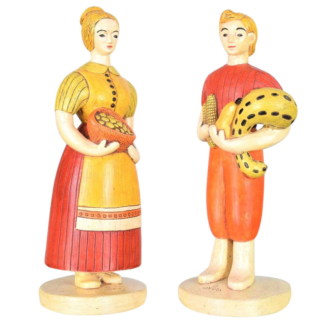 Sylvia Hood Original Vintage Harvest Couple Chalkware Figurines, circa 1960-1965