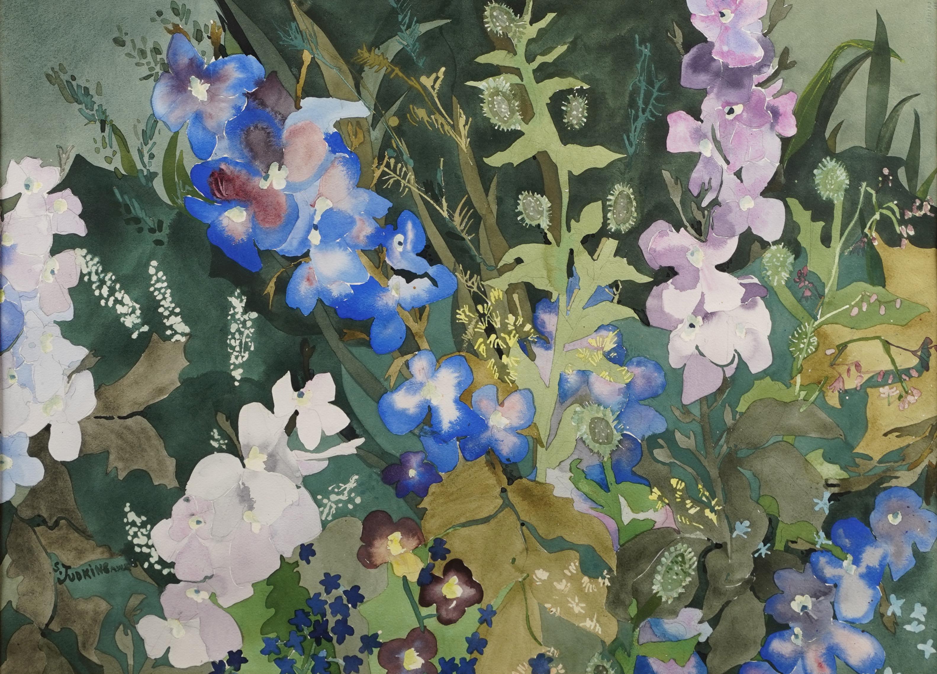 Antica natura morta modernista americana firmata ad acquerello e gouache da Sylvia Judkins.  Acquerello su carta.  Firmato.  Incorniciato.  Dimensioni dell'immagine, 29L x 21H.