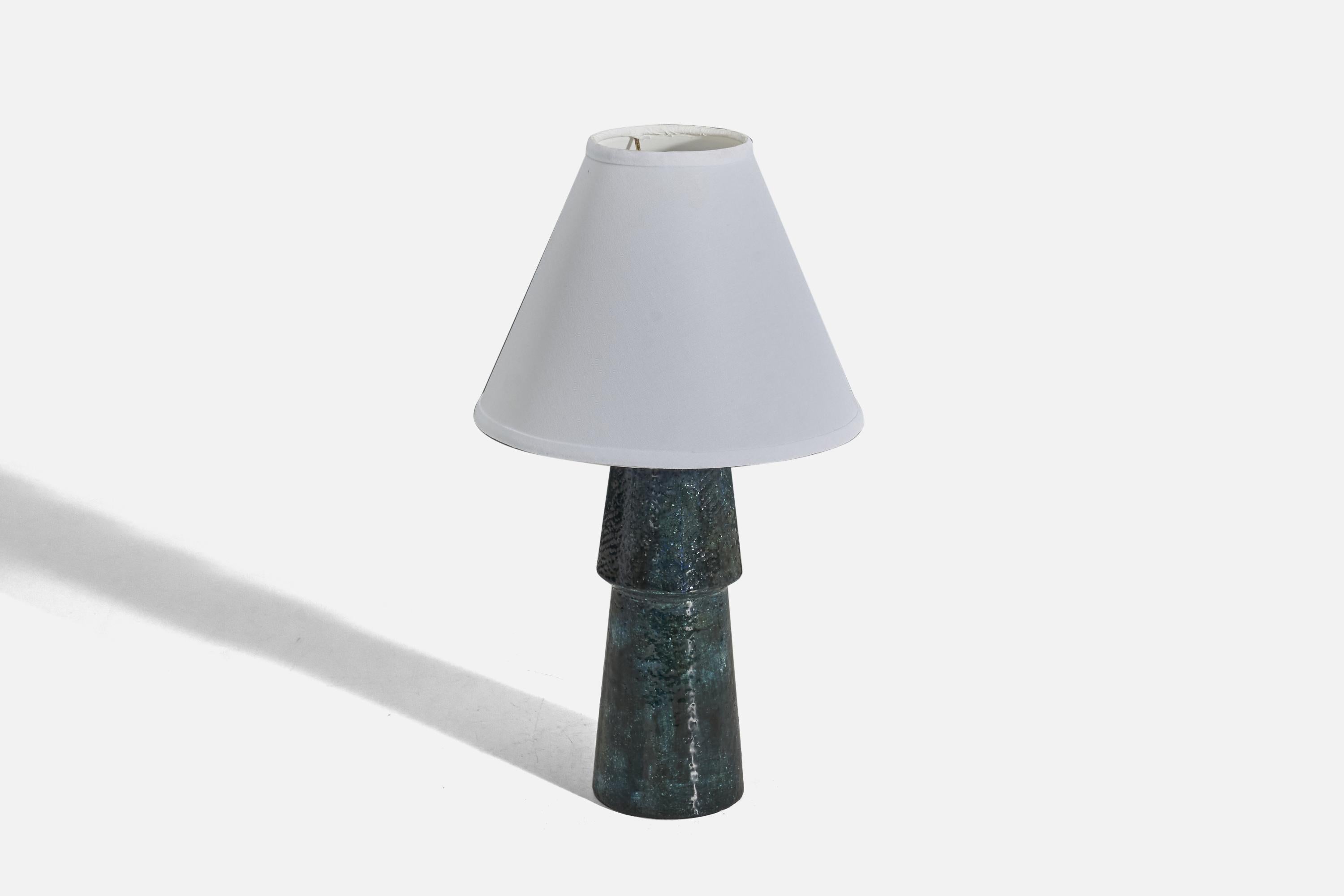 Scandinavian Modern Sylvia Leuchovius, Table Lamp, Blue Glazed Stoneware, Rörstrand, Sweden, 1960s