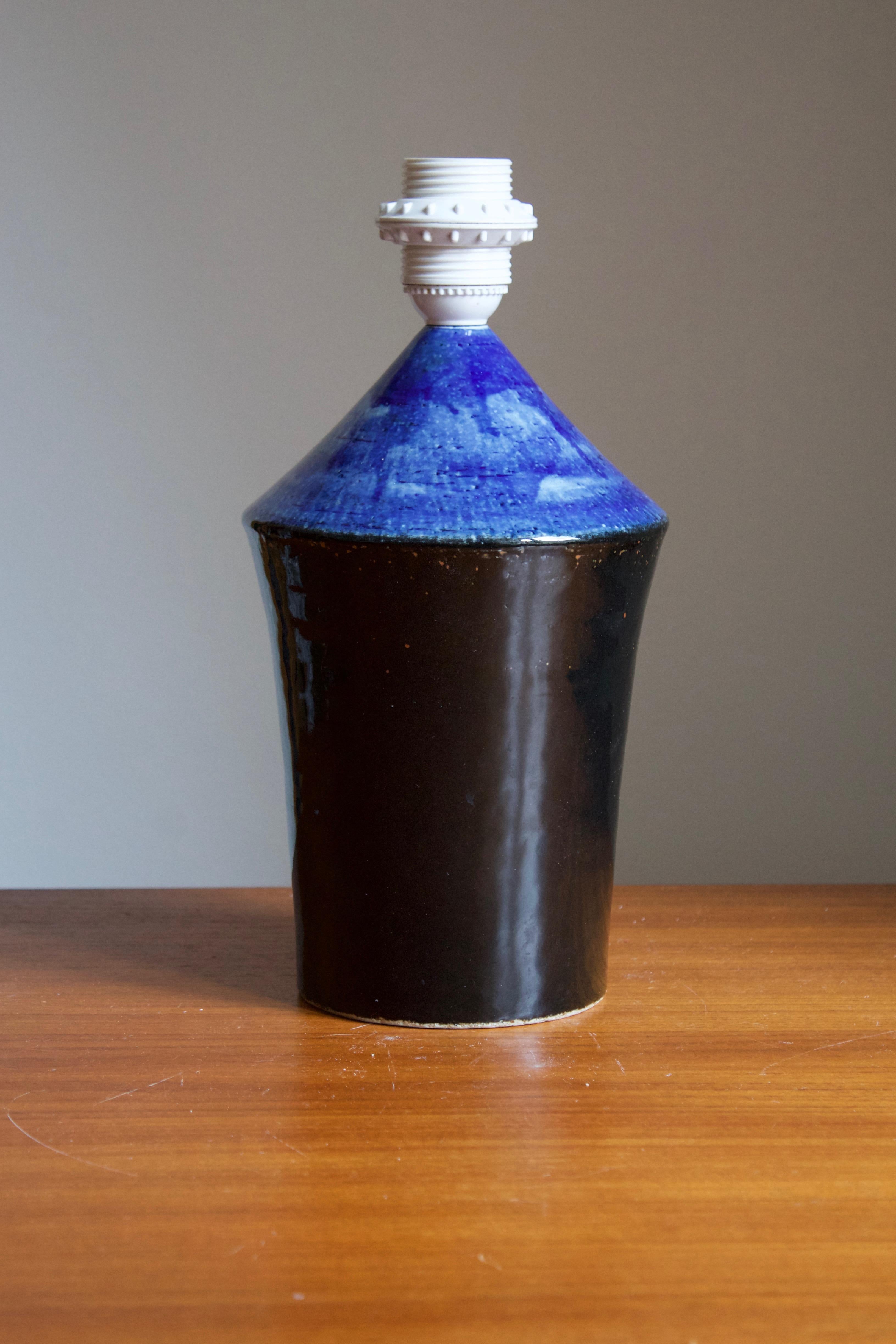 Mid-Century Modern Sylvia Leuchovius, Unique Table Lamp, Blue Glazed Stoneware, Rörstrands, 1960s