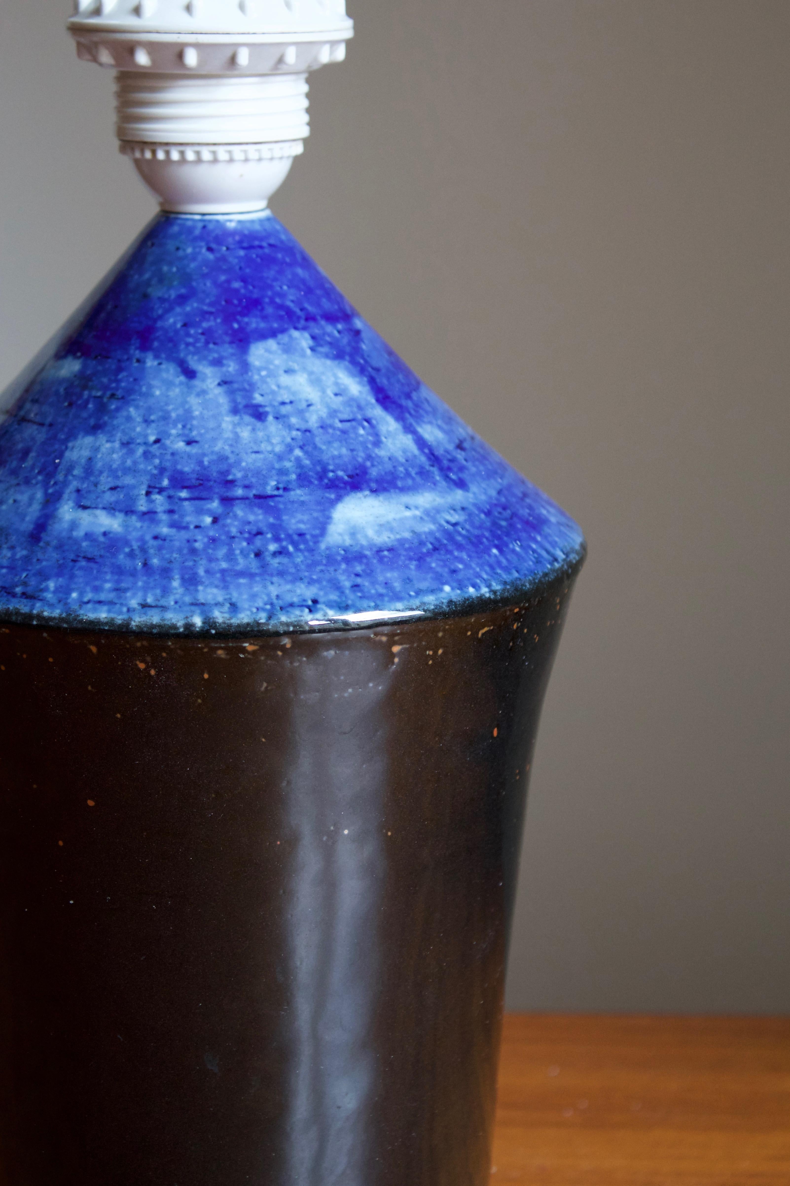 Sylvia Leuchovius, Unique Table Lamp, Blue Glazed Stoneware, Rörstrands, 1960s In Good Condition In High Point, NC