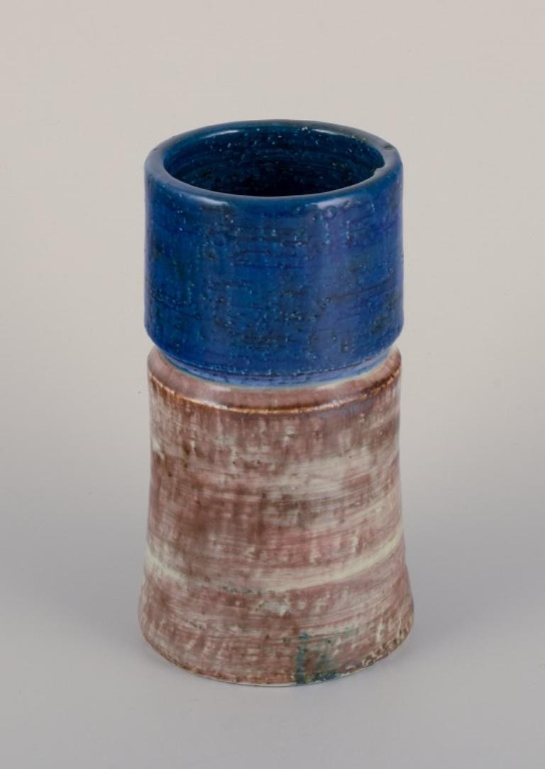 Scandinavian Modern Sylvia Leuchvius for Rörstrand. Ceramic vase with glaze in blue and sandy tones. For Sale