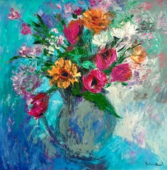 Blue Vase and Summer Flowers - still life floral colourful painting Contemporary