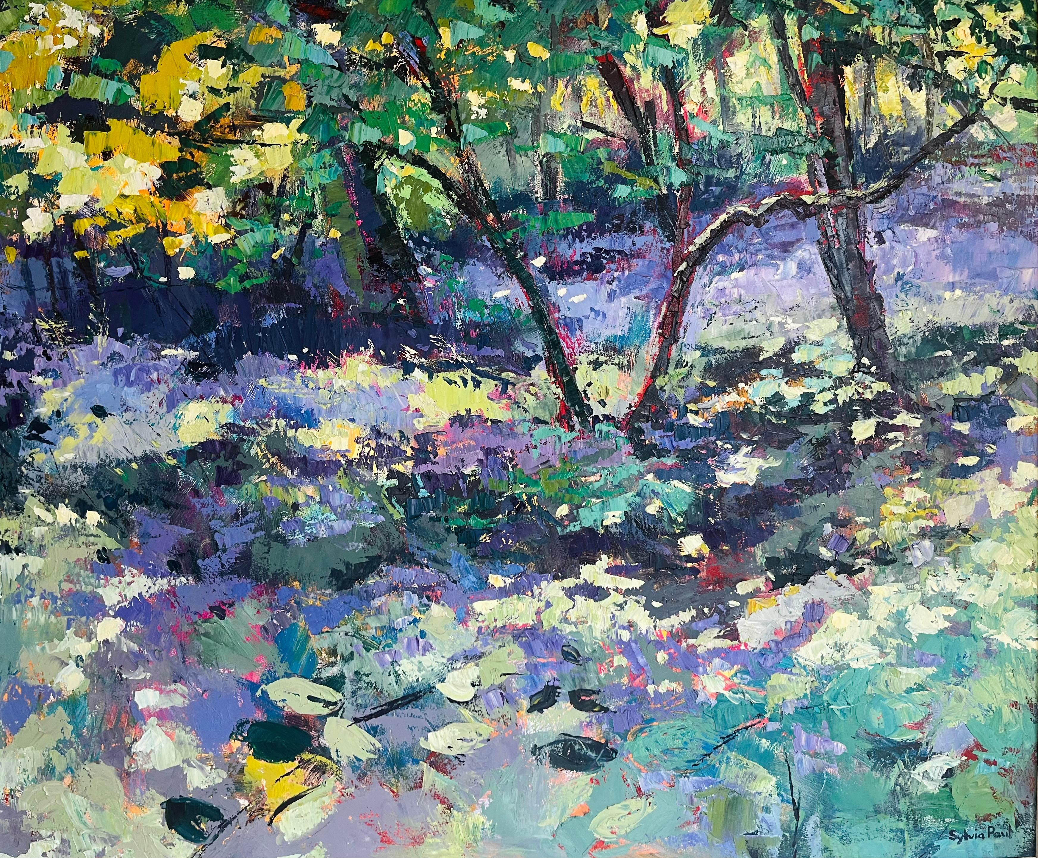 Sylvia Paul Landscape Painting - Bluebells Woodland-original abstract floral landscape painting-contemporary Art