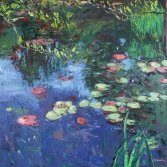 Lily Pads -pittura astratta originale di paesaggio britannico- Arte contemporanea