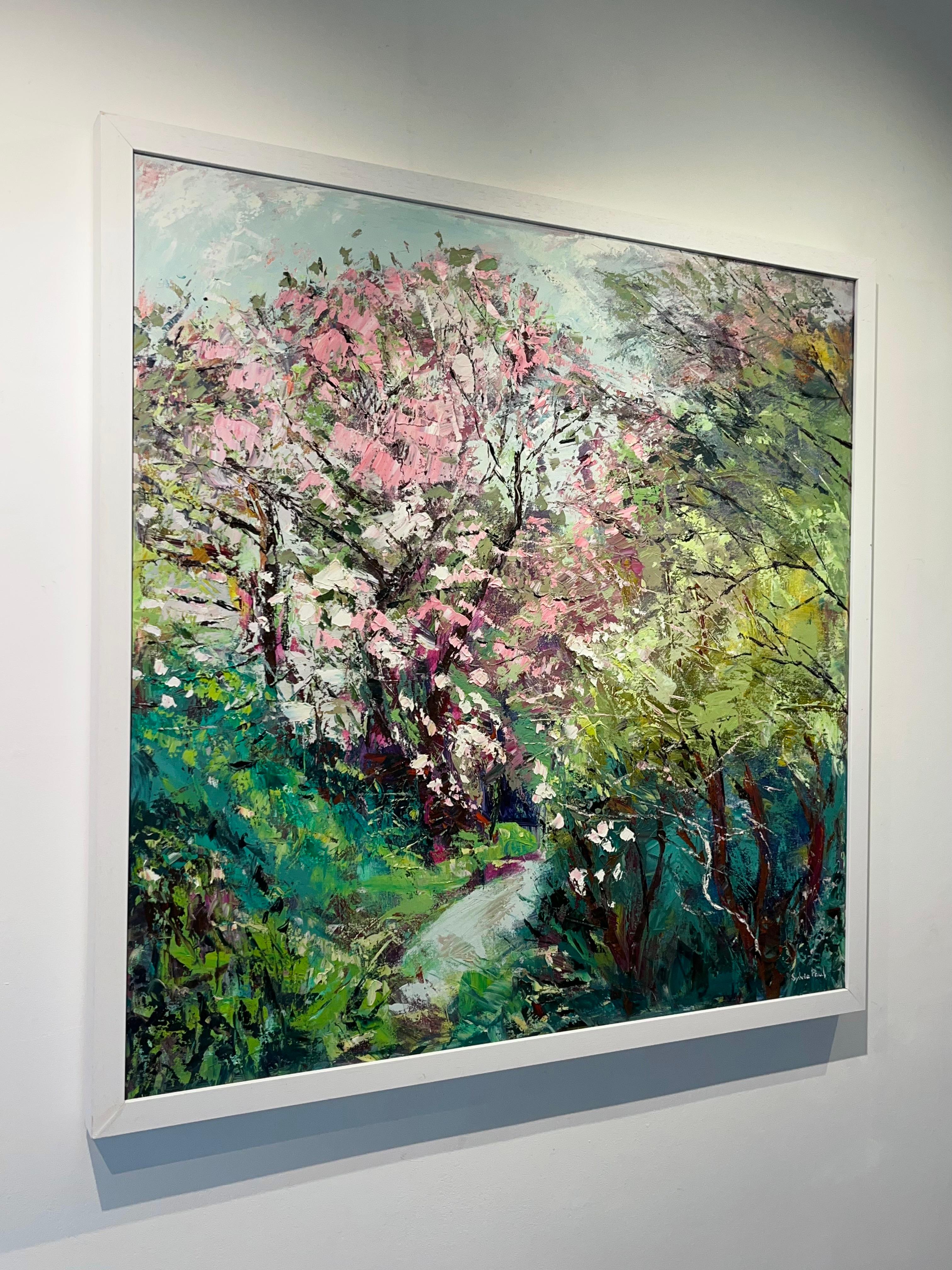 Magnolienblüten-originale abstrakte florale Landschaftsmalerei-zeitgenössische Kunst (Abstrakter Impressionismus), Painting, von Sylvia Paul