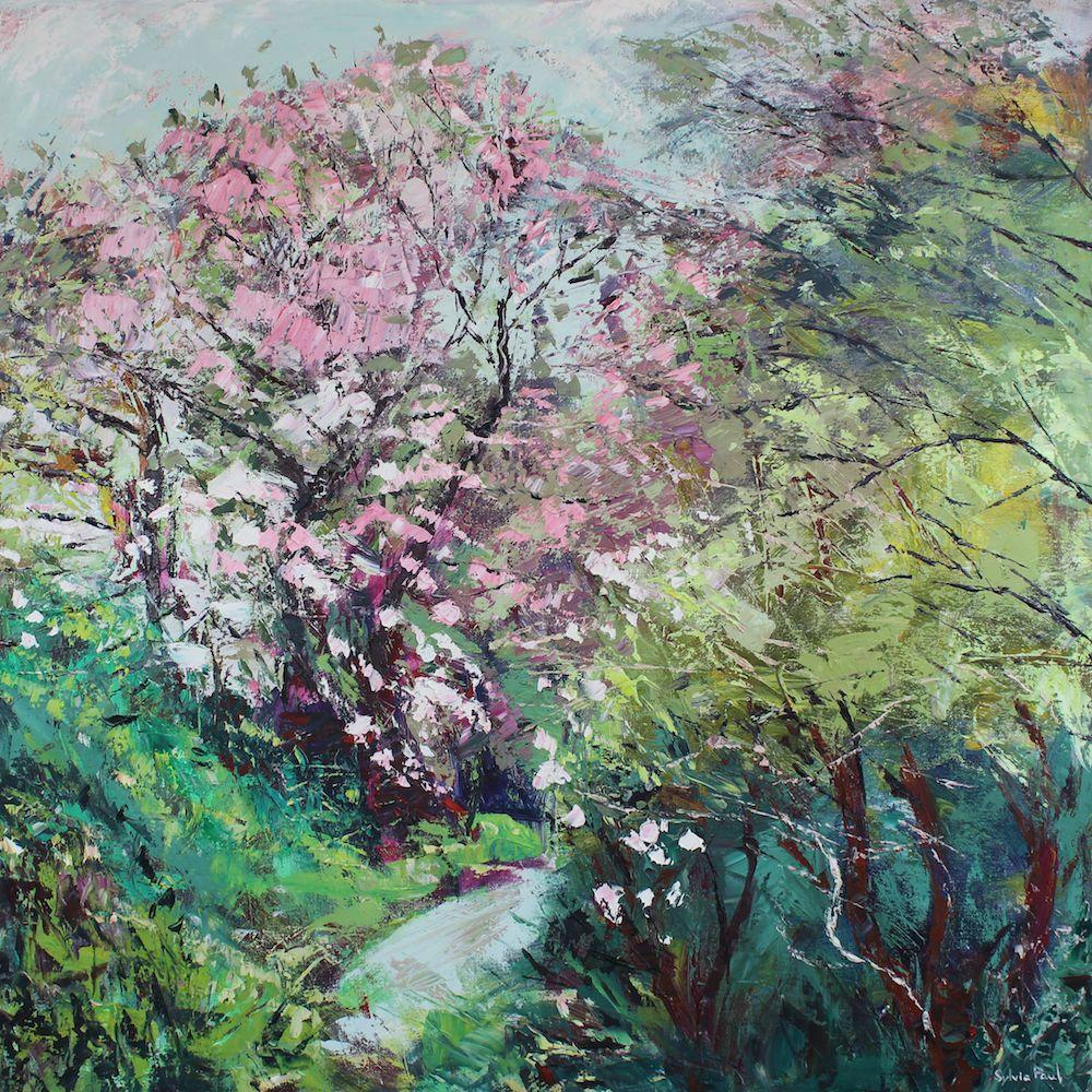 Landscape Painting Sylvia Paul - Magnolia Blossoms-peinture abstraite originale de paysage floral-art contemporain