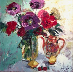 Oriental Teapot & Flowers - original floral colourful Contemporary oil painting 