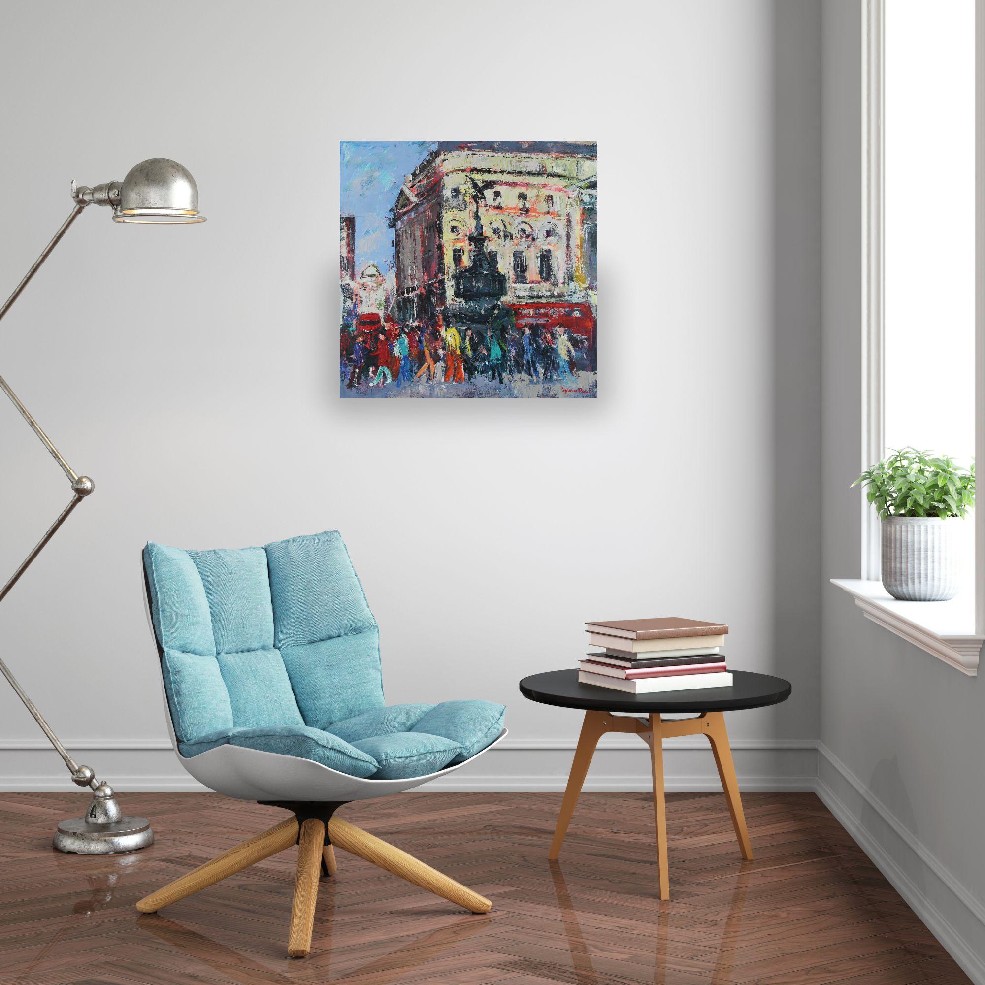Piccadilly People - peinture originale abstraite de paysage britannique - art contemporain - Impressionnisme Painting par Sylvia Paul
