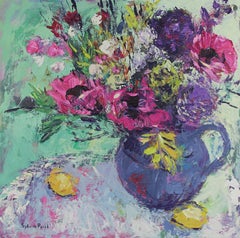 Pink Garden Poppies - Abstract still life study art floral painting oil modern