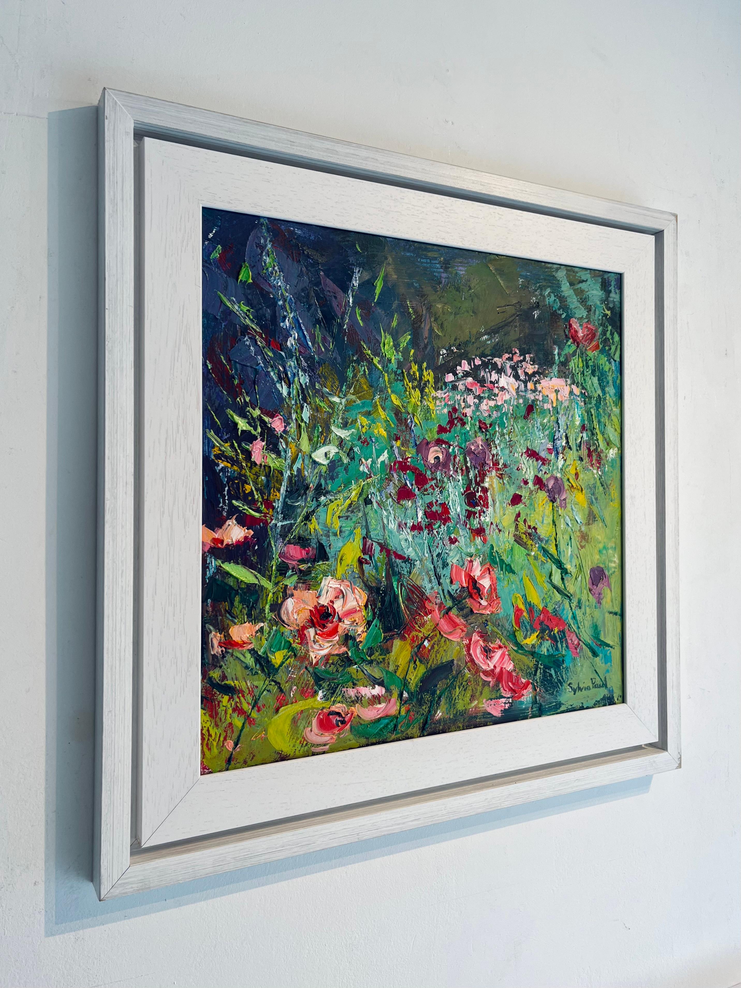 Rosa Mohnblumen im Garten - original abstraktes stillleben-zeitgenössisches gemälde – Painting von Sylvia Paul