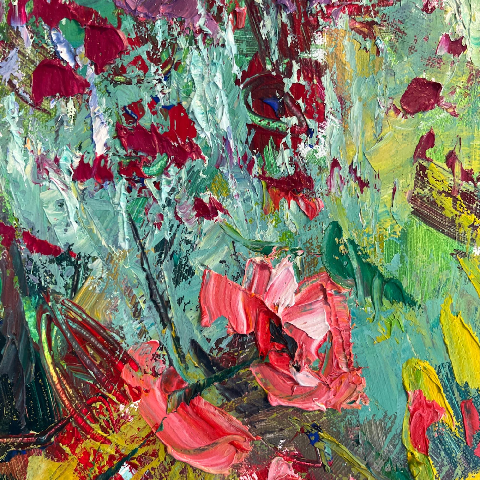 Pink Poppies in the Garden - original abstract still life painting-contemporary - Abstract Impressionist Painting by Sylvia Paul