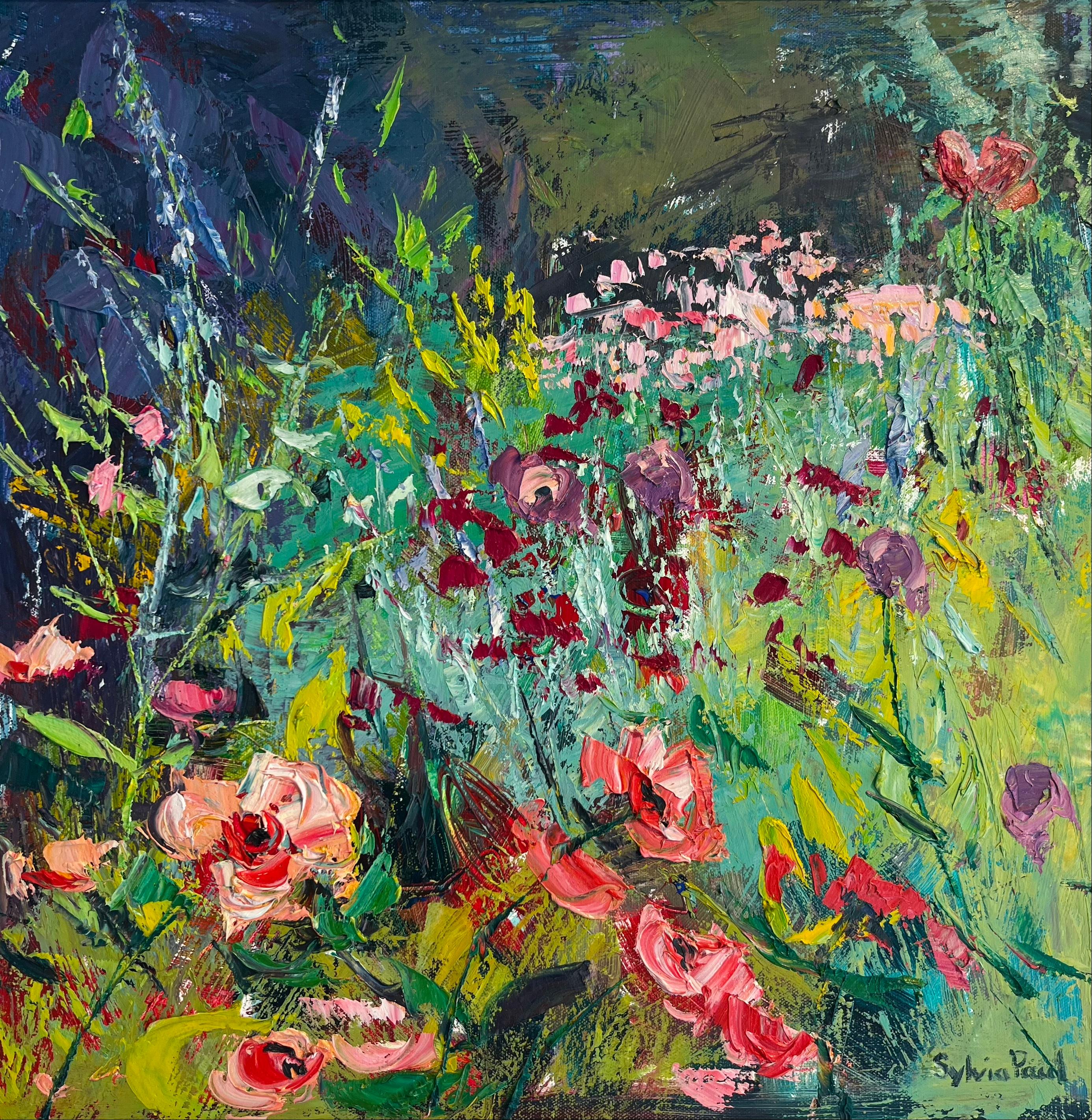 Sylvia Paul Still-Life Painting – Rosa Mohnblumen im Garten - original abstraktes stillleben-zeitgenössisches gemälde