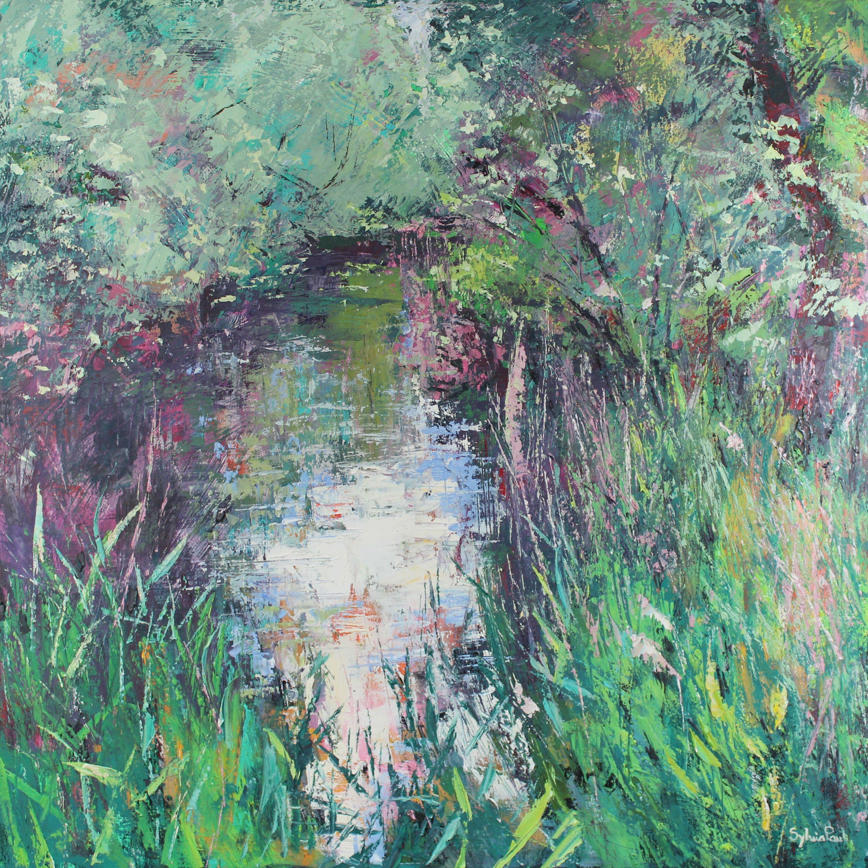 Sylvia Paul Landscape Painting - Riverside in Spring-original abstract landscape oil painting-contemporary Art
