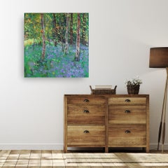 Shade in the Bluebell Wood, dipinto astratto di paesaggio vibrante e firmato, 90x90cm