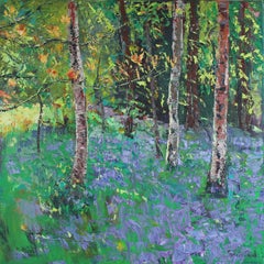Shade in the Bluebell Wood, dipinto astratto di paesaggio vibrante e firmato, 90x90cm