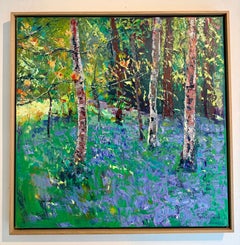 Shade in the Bluebell Wood - Lebendiges signiertes abstraktes Landschaftsgemälde, 90x90cm