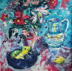 Still Life with Flowers - floral still life fruit oil artwork abstract Modern