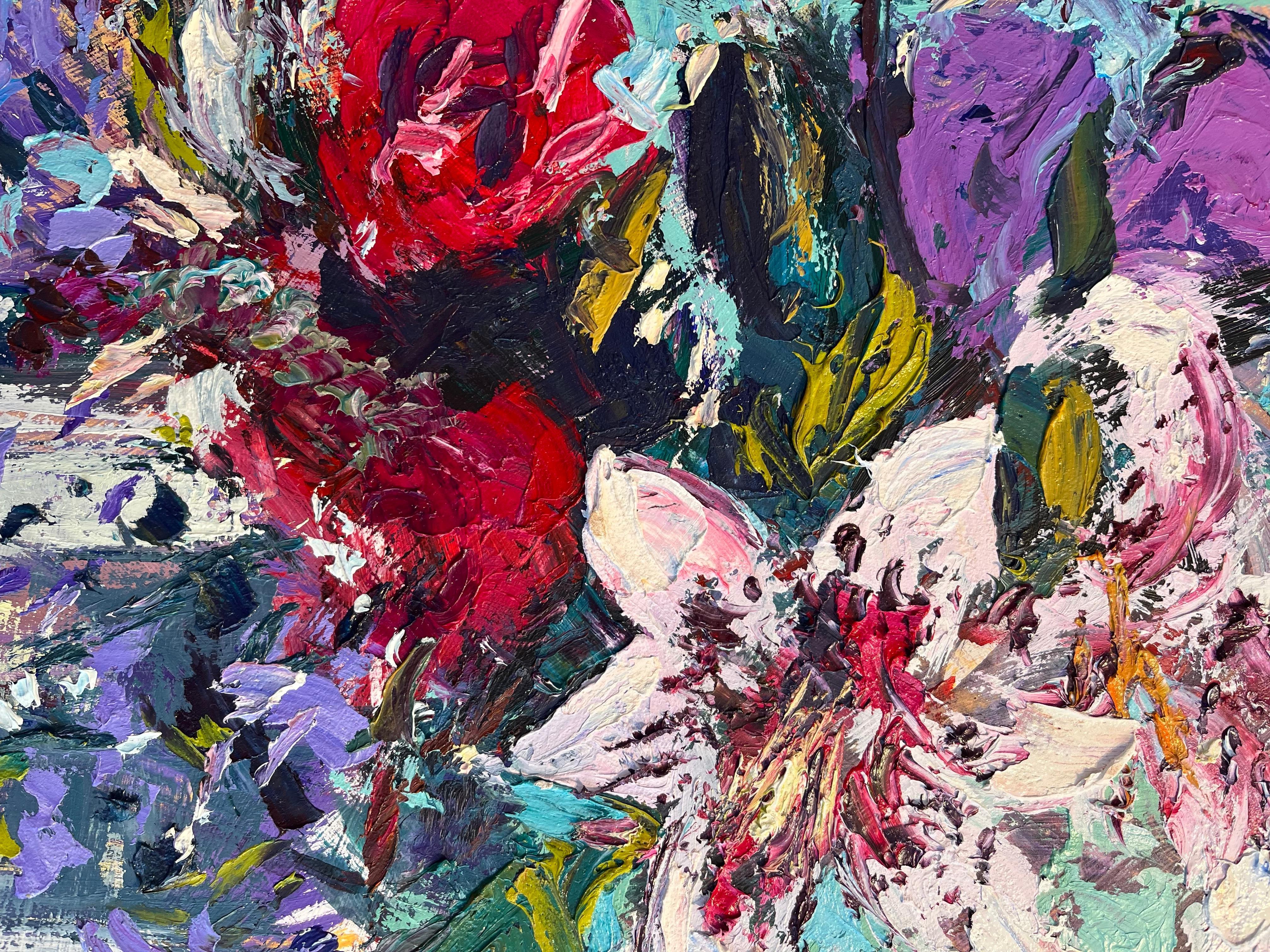 Erdbeeren und Sahne-originale abstrakte Stillleben Malerei-zeitgenössische Kunst (Grau), Still-Life Painting, von Sylvia Paul