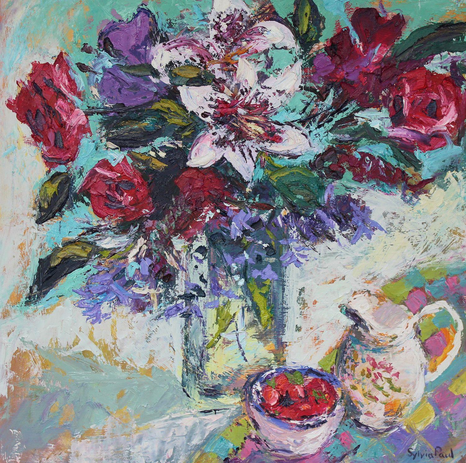 Sylvia Paul Still-Life Painting – Erdbeeren und Sahne-originale abstrakte Stillleben Malerei-zeitgenössische Kunst
