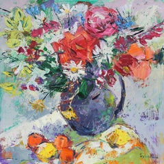 Summer Garden - original still life floral oil painting modern impasto vibrant