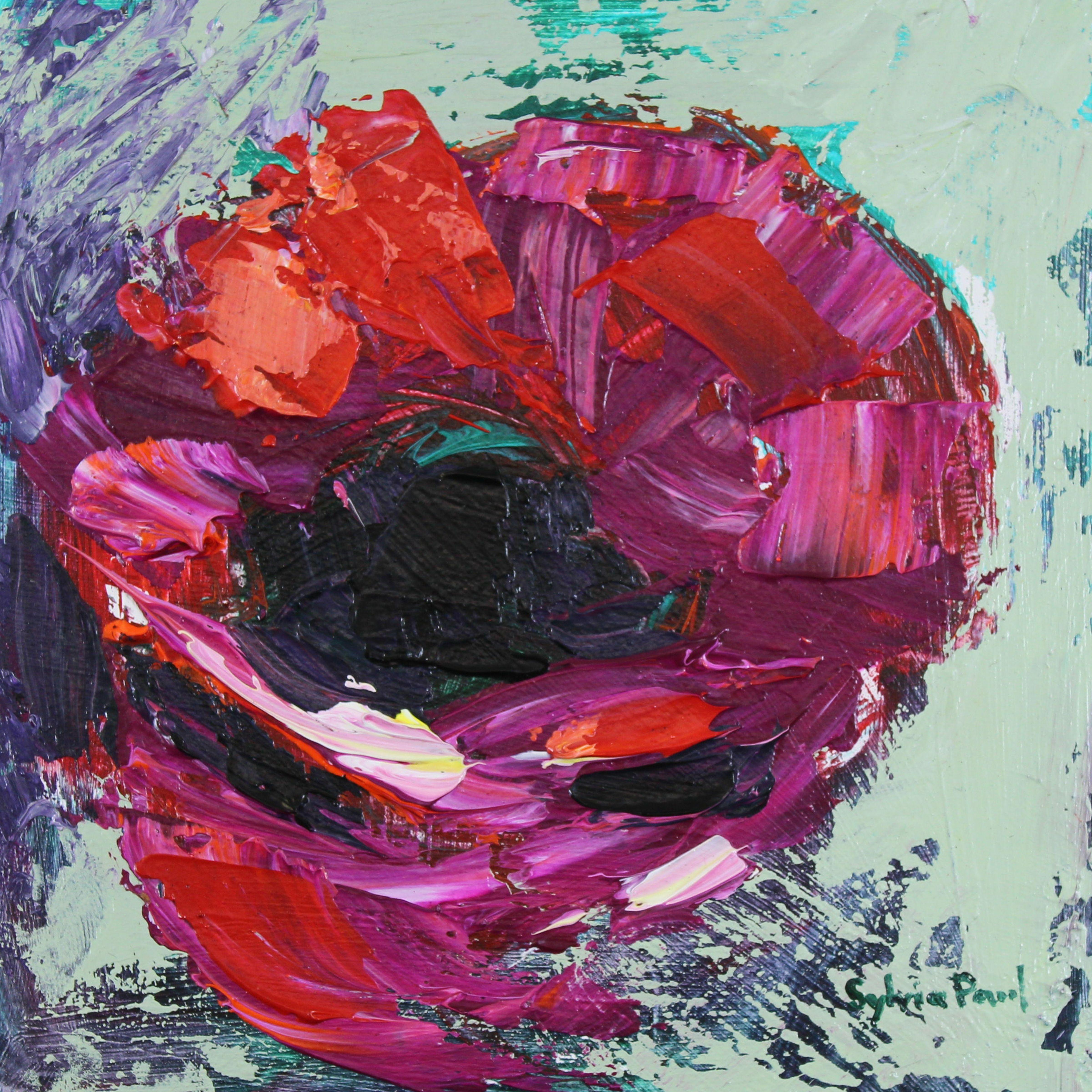 Sylvia Paul Abstract Painting - Sweet Little Poppy - Abstract Flower Mini Textured Oil Painting Modern Art 