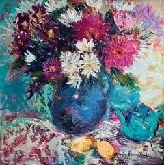 Vase of Flowers with Lemons - floral fruit abstraction modern impasto still life