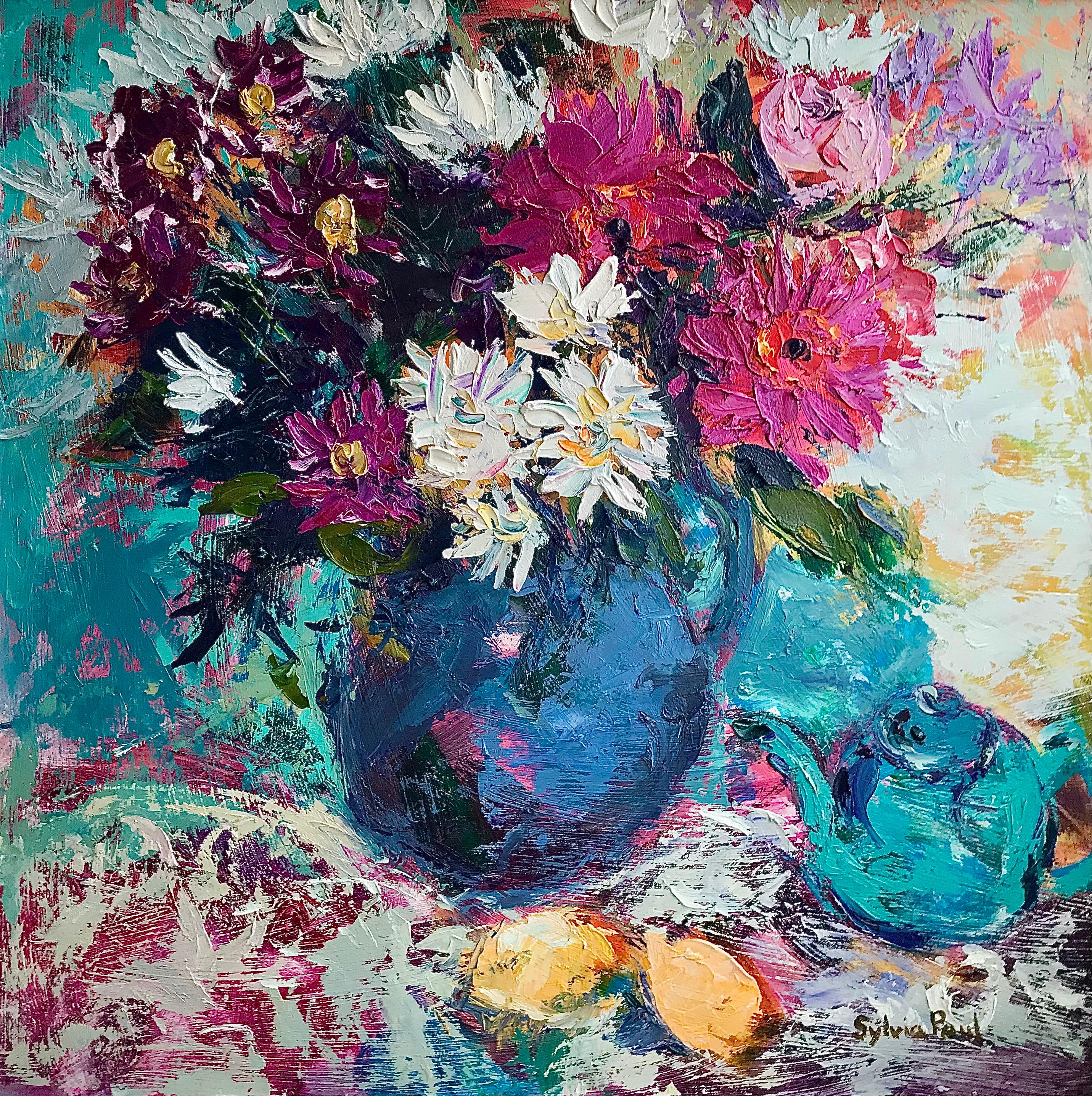 Vase of Flowers with Lemons - floral fruit abstraction modern impasto still life